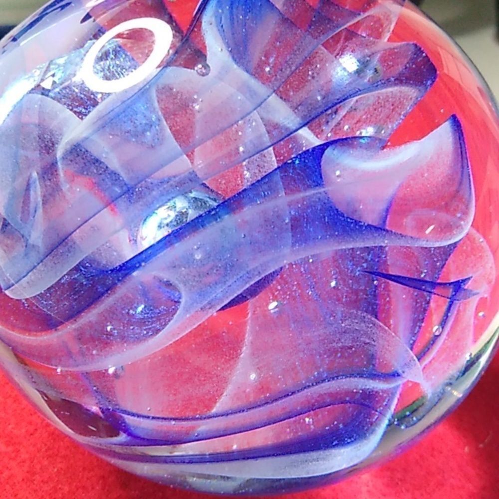 Lg Paperweight Art Glass Blue Swirling Clouds & Bubbles Cottagecore grandmacore